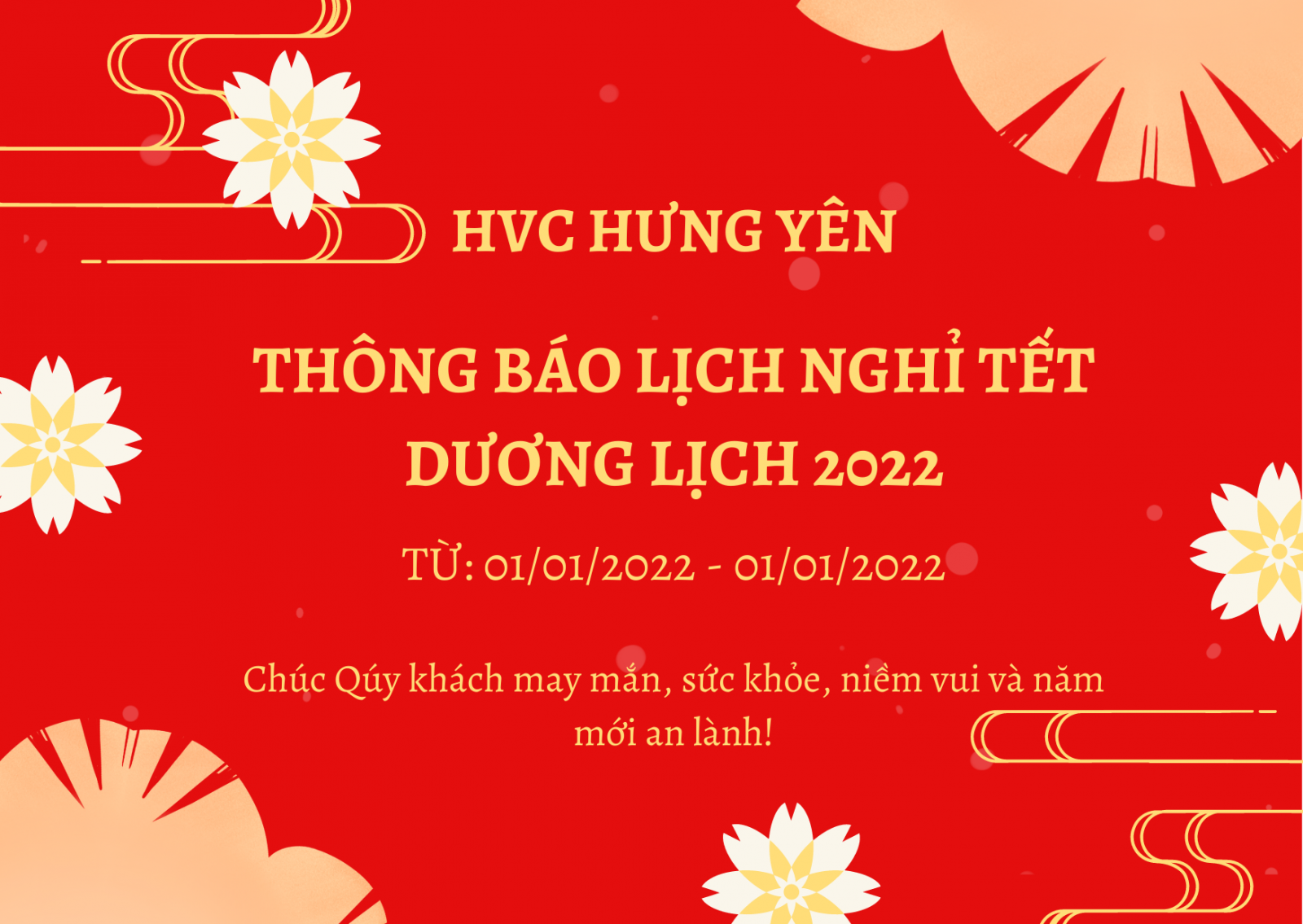 HVC Hưng Yên thông báo nghỉ lễ tết dương lịch Nhâm Dần 2022